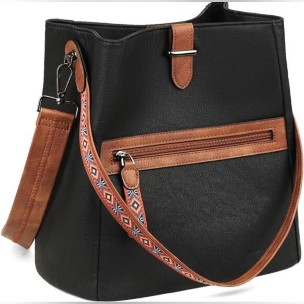FADEON Bucket Bag for Women, Designer PU Leather Crossbody Hobo Purse Black